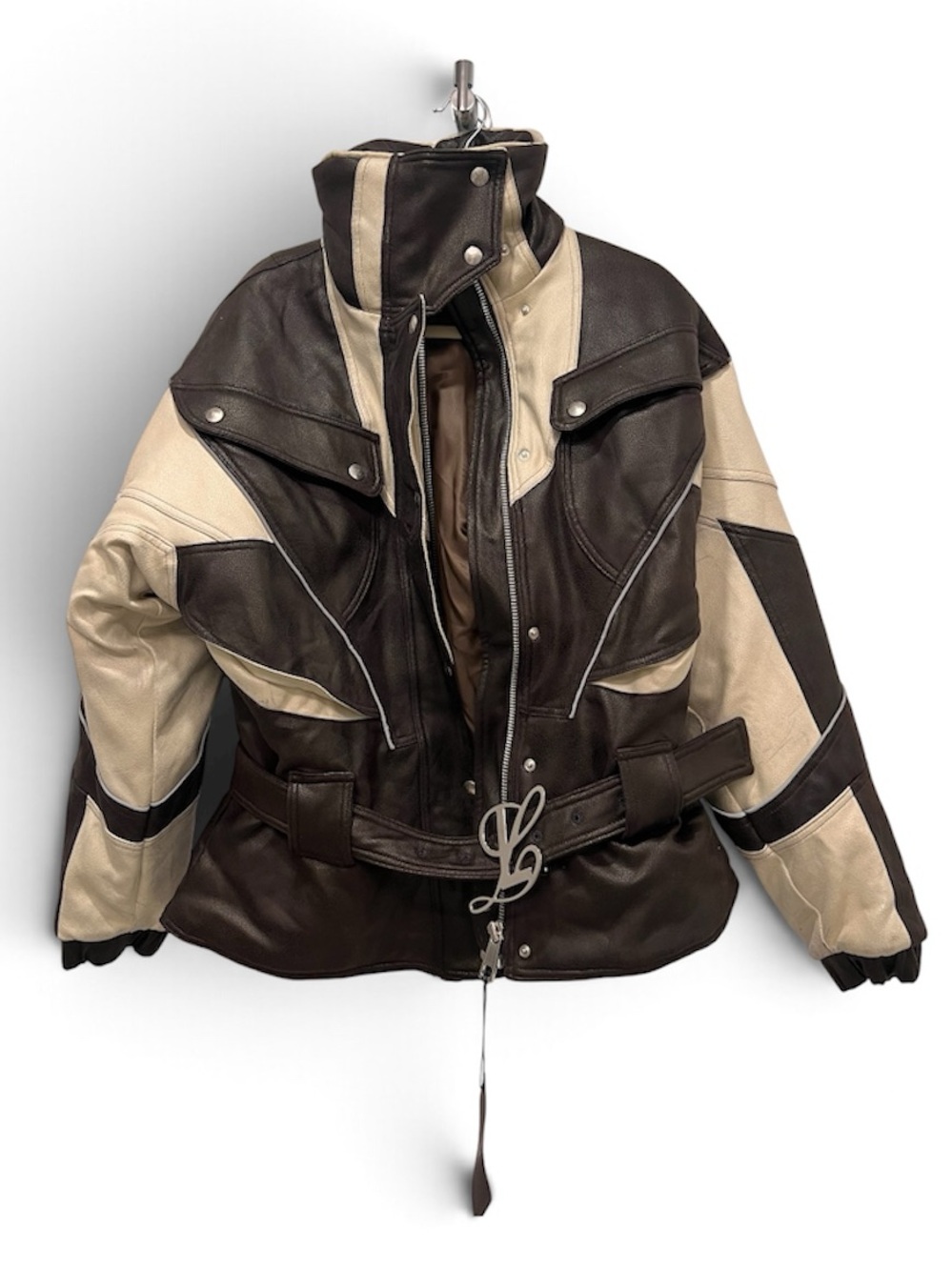 Two-Tone Brown and Cream Leather Bomber Jacket